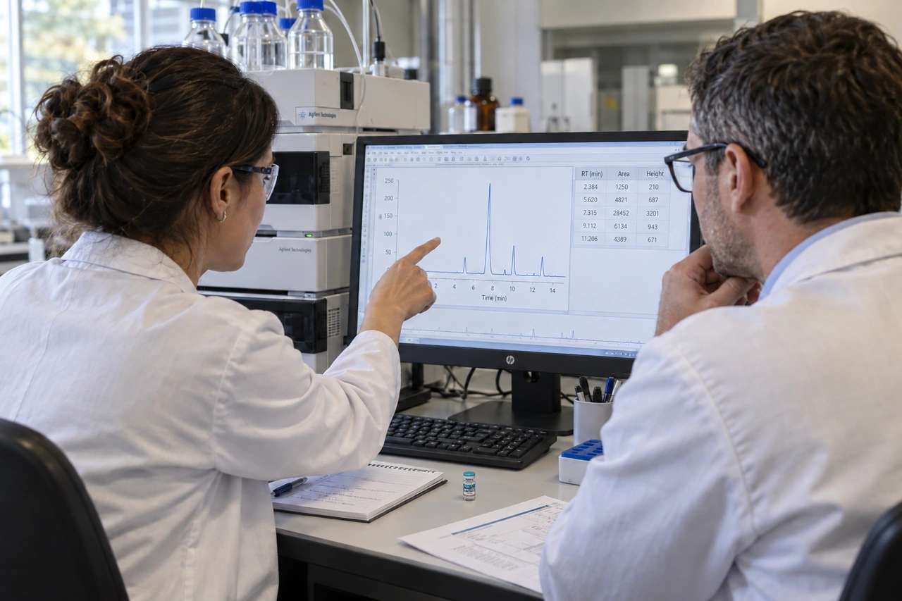 Two laboratory researchers reviewing a chromatogram on a monitor, with a small research vial beside their notes.