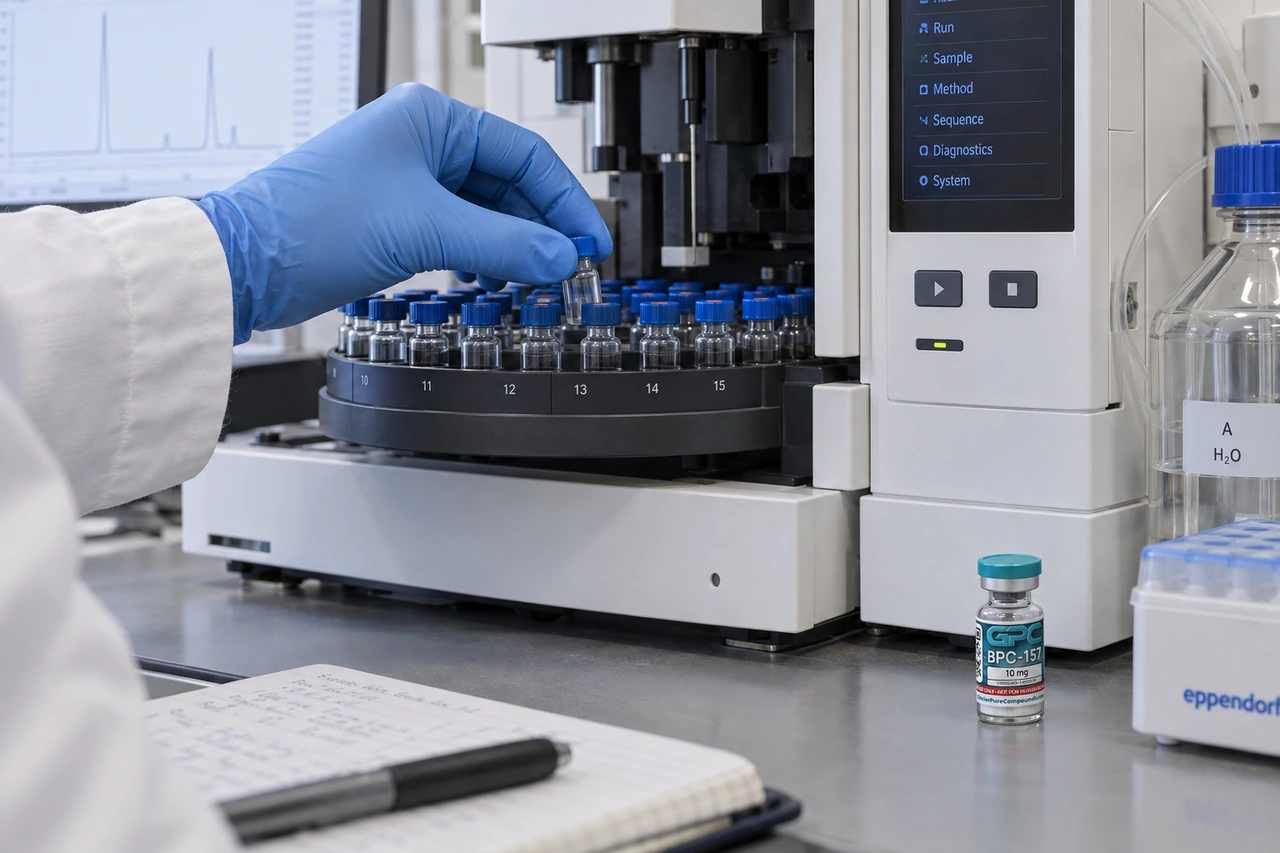 A gloved analyst operating a chromatograph autosampler with a small BPC-157 research vial on the bench.