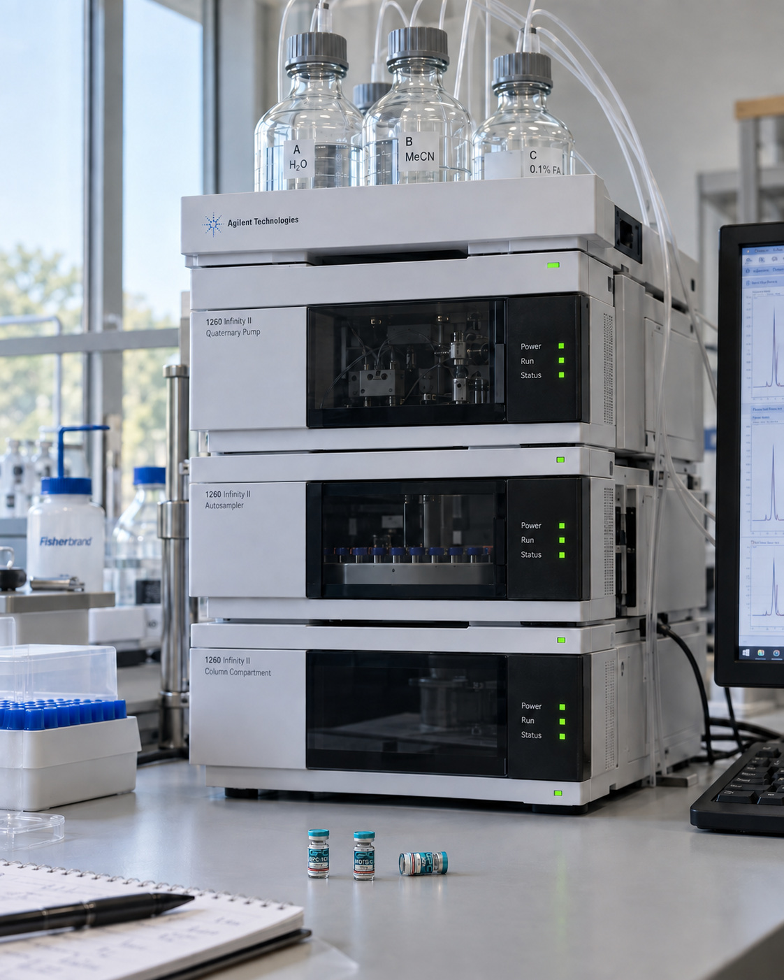 A chromatography instrument stack with three small research vials on the bench, including one resting on its side.