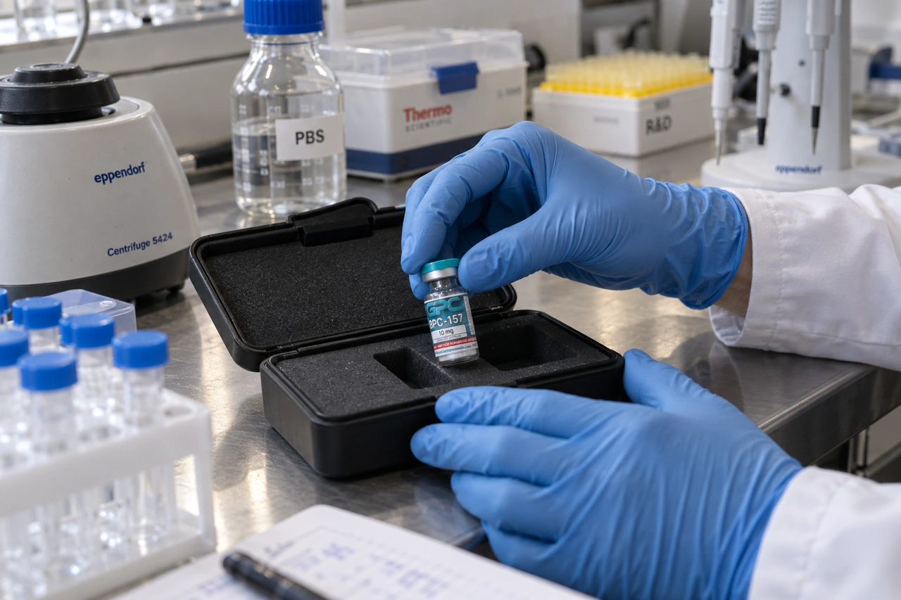 Gloved hands packaging a small BPC-157 10 mg research vial in a protective case at a laboratory bench.